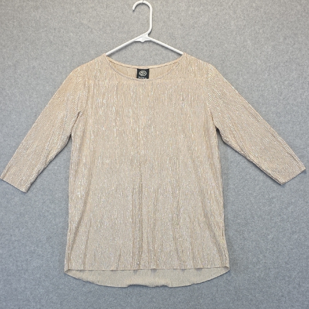 Bobeau Petite Champagne Shimmer Metallic Top PS 3/4 Sleeve Blouse